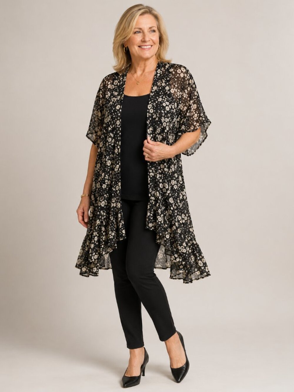 LC Lauren Conrad Black Floral Sheer Kimono Swim Cover Up Polyester One Size